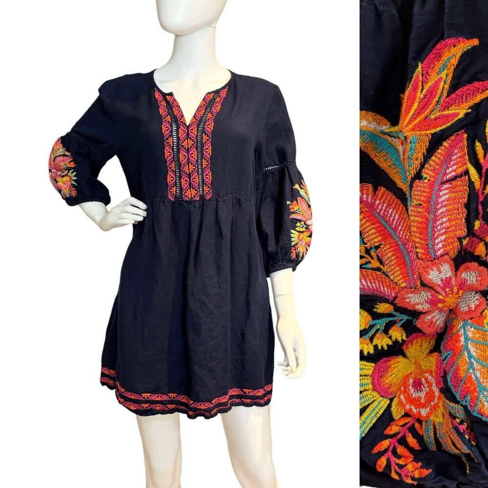 Boho Embroidered Navy Blue Tunic Dress with Multicolor Floral Detail